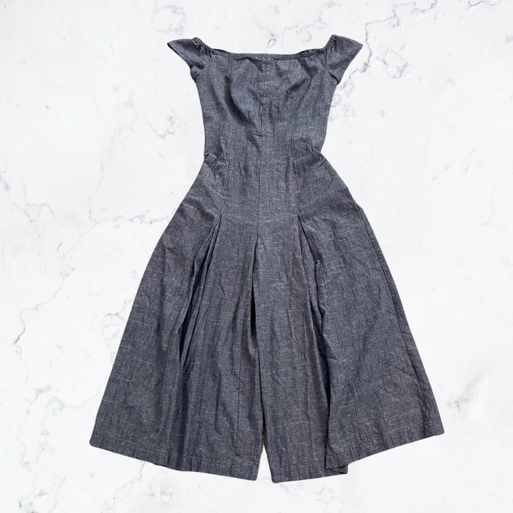 Free People Light Blue Denim Linen Off Shoulder Cap Sleeve Wide Leg Jumpsuit